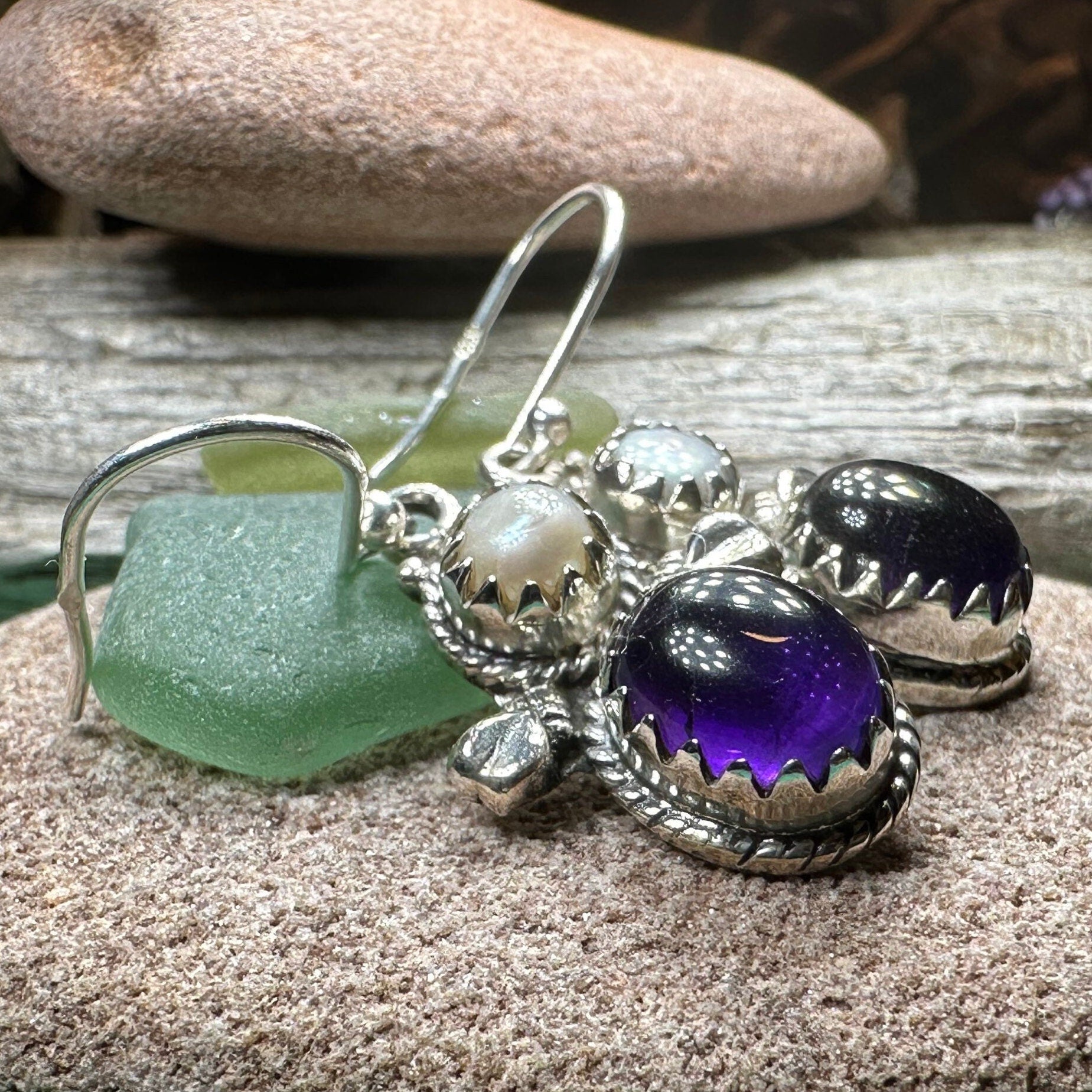 Amethyst Pearl Earrings, Celtic Jewelry, Dangle Earrings, Goddess Jewelry, Boho Gift, Anniversary Gift, Silver Mom Gift, Purple Jewelry