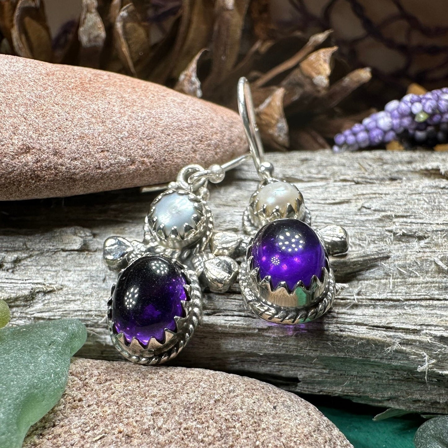 Amethyst Pearl Earrings, Celtic Jewelry, Dangle Earrings, Goddess Jewelry, Boho Gift, Anniversary Gift, Silver Mom Gift, Purple Jewelry