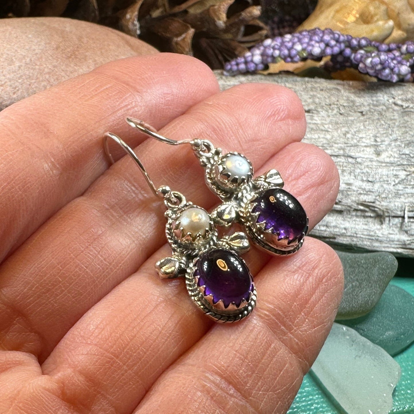 Amethyst Pearl Earrings, Celtic Jewelry, Dangle Earrings, Goddess Jewelry, Boho Gift, Anniversary Gift, Silver Mom Gift, Purple Jewelry
