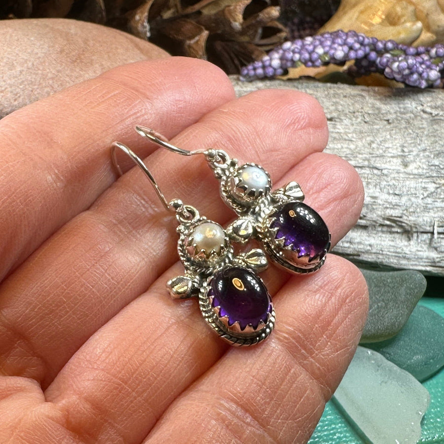 Amethyst Pearl Earrings, Celtic Jewelry, Dangle Earrings, Goddess Jewelry, Boho Gift, Anniversary Gift, Silver Mom Gift, Purple Jewelry