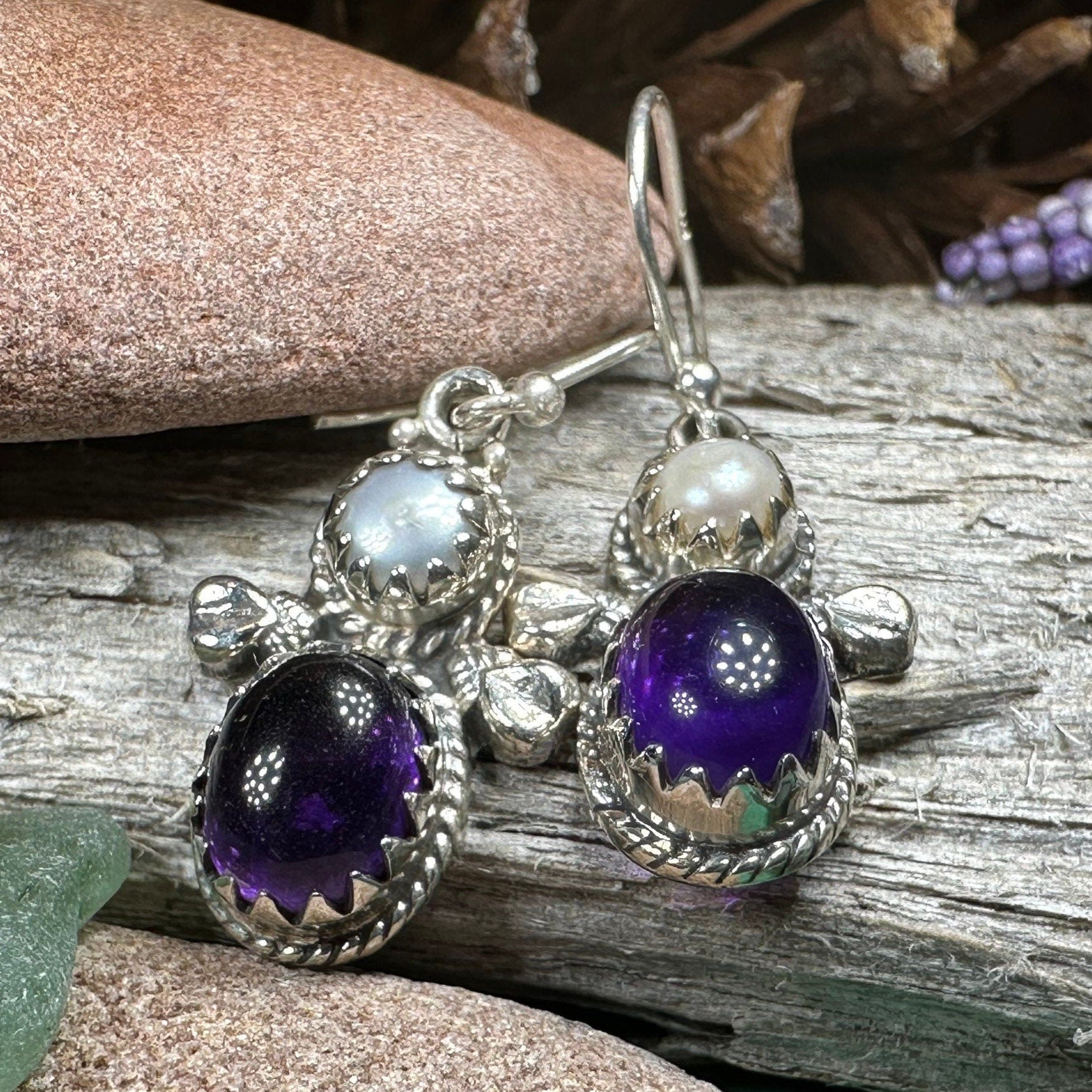Amethyst Pearl Earrings, Celtic Jewelry, Dangle Earrings, Goddess Jewelry, Boho Gift, Anniversary Gift, Silver Mom Gift, Purple Jewelry