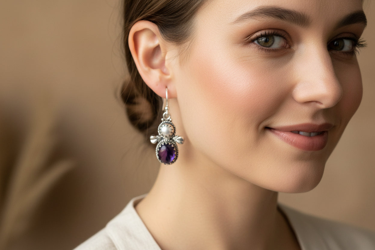 Amethyst Pearl Earrings, Celtic Jewelry, Dangle Earrings, Goddess Jewelry, Boho Gift, Anniversary Gift, Silver Mom Gift, Purple Jewelry