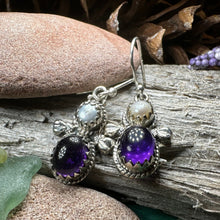 Load image into Gallery viewer, Amethyst Pearl Earrings, Celtic Jewelry, Dangle Earrings, Goddess Jewelry, Boho Gift, Anniversary Gift, Silver Mom Gift, Purple Jewelry
