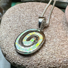 Load image into Gallery viewer, Celtic Spiral Necklace, Irish Jewelry, Opal Pendant, Anniversary Gift, Newgrange Jewelry, White Fire Opal, Mom Gift, Sister Gift, Wife Gift
