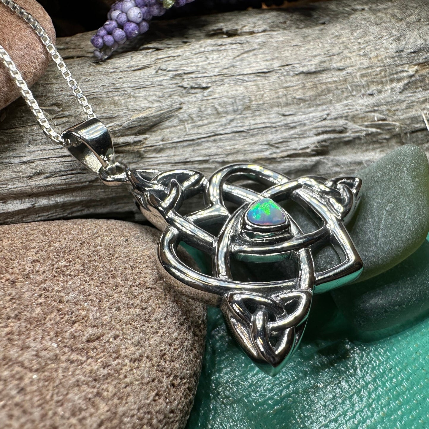 Mother's Knot Necklace, Celtic Knot Pendant, Irish Jewelry, Mom Gift, Celtic Heart Pendant, Ireland Gift, Mother & Child Jewelry, White Opal
