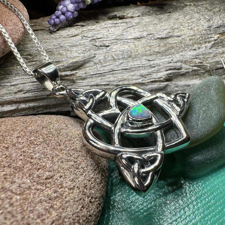 Mother's Knot Necklace, Celtic Knot Pendant, Irish Jewelry, Mom Gift, Celtic Heart Pendant, Ireland Gift, Mother & Child Jewelry, White Opal