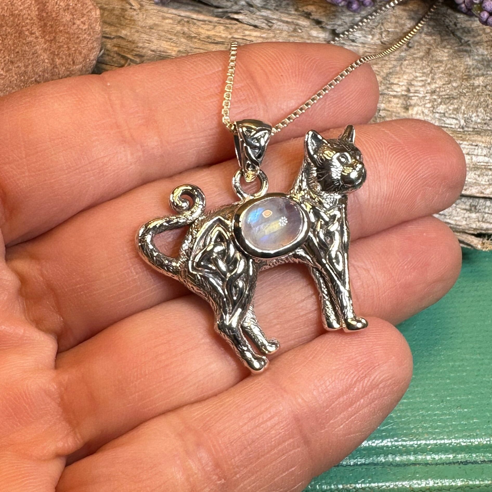 Cat Necklace, Celtic Jewelry, Moonstone Jewelry, Cat Lover Gift, Cat Mom Gift, Anniversary Gift, Animal Necklace, Nature Necklace
