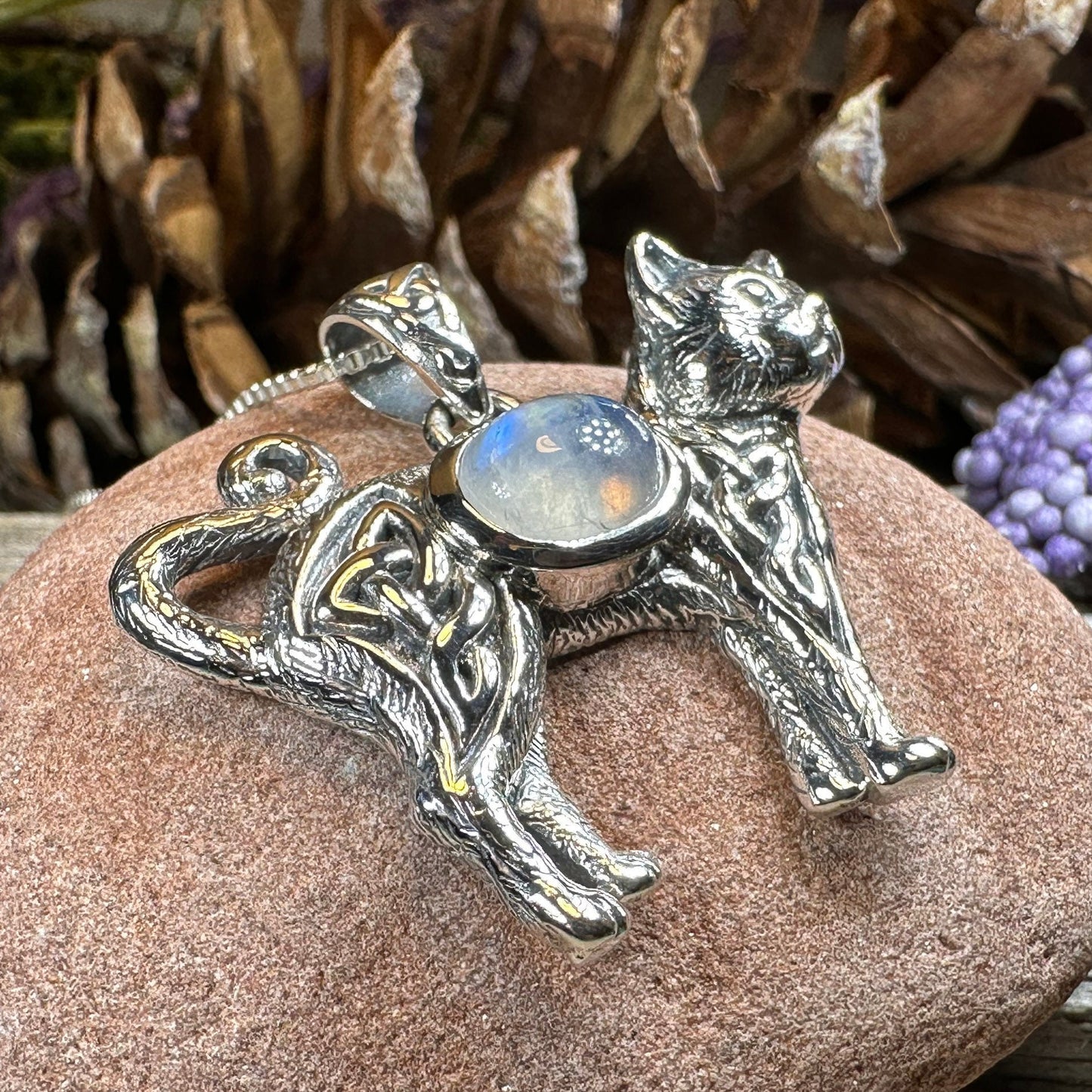 Cat Necklace, Celtic Jewelry, Moonstone Jewelry, Cat Lover Gift, Cat Mom Gift, Anniversary Gift, Animal Necklace, Nature Necklace
