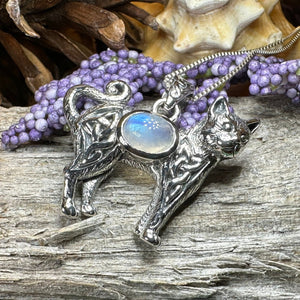 Cat Necklace, Celtic Jewelry, Moonstone Jewelry, Cat Lover Gift, Cat Mom Gift, Anniversary Gift, Animal Necklace, Nature Necklace