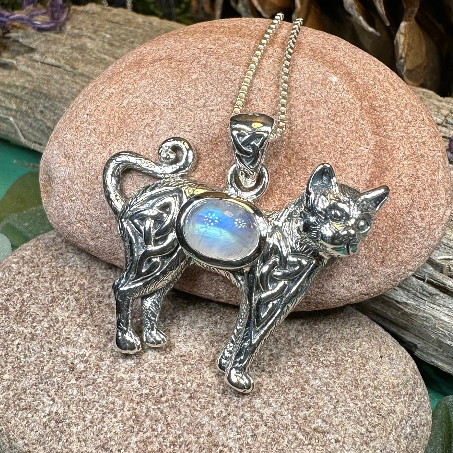 Cat Necklace, Celtic Jewelry, Moonstone Jewelry, Cat Lover Gift, Cat Mom Gift, Anniversary Gift, Animal Necklace, Nature Necklace