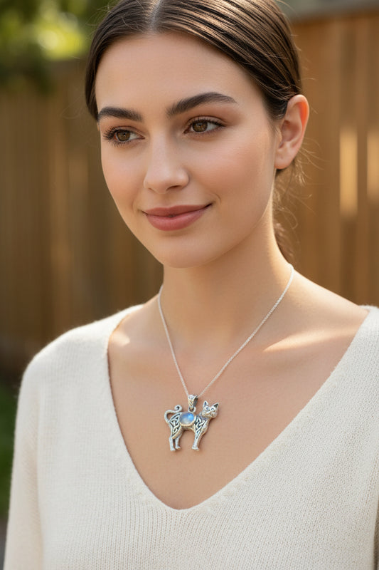 Cat Necklace, Celtic Jewelry, Moonstone Jewelry, Cat Lover Gift, Cat Mom Gift, Anniversary Gift, Animal Necklace, Nature Necklace
