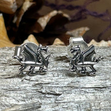 Load image into Gallery viewer, Welsh Dragon Stud Earrings, Dragon Earrings, Wales Gift, Gift for Her, Celtic Dragon, Silver Studs, Sister Gift, Fantasy Earrings, Wife Gift
