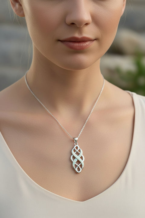Load image into Gallery viewer, Celtic Knot Necklace, Infinity Pendant, Fire Opal Jewelry, Irish Necklace, Scottish Jewelry, October Birthstone, Ireland Gift, Wife Gift
