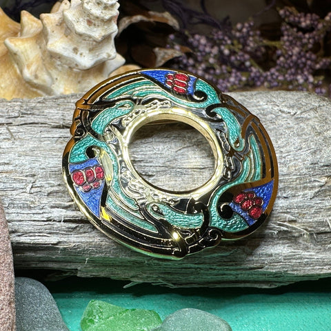 Load image into Gallery viewer, Celtic Birds Brooch, Bird Jewelry, Celtic Pin, Lapel Pin, Enamel Jewelry Gift, Celtic Brooch, Ireland Gift, Irish Pin, Pagan Brooch
