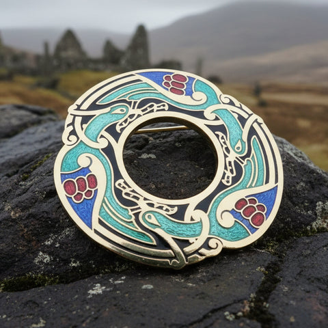 Load image into Gallery viewer, Celtic Birds Brooch, Bird Jewelry, Celtic Pin, Lapel Pin, Enamel Jewelry Gift, Celtic Brooch, Ireland Gift, Irish Pin, Pagan Brooch
