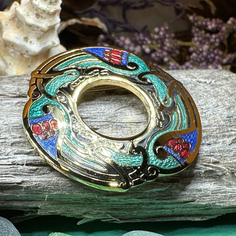 Load image into Gallery viewer, Celtic Birds Brooch, Bird Jewelry, Celtic Pin, Lapel Pin, Enamel Jewelry Gift, Celtic Brooch, Ireland Gift, Irish Pin, Pagan Brooch
