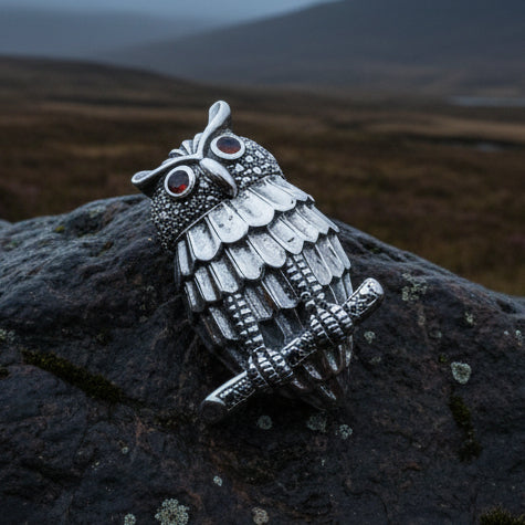 Owl Necklace, Owl Brooch, Bird Necklace, Garnet Jewelry, Wiccan Jewelry, Woodland Brooch, Wife Gift, Mom Gift, Silver Owl Pin, Large Pendant