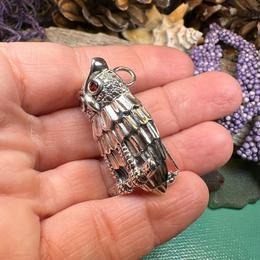 Owl Necklace, Owl Brooch, Bird Necklace, Garnet Jewelry, Wiccan Jewelry, Woodland Brooch, Wife Gift, Mom Gift, Silver Owl Pin, Large Pendant