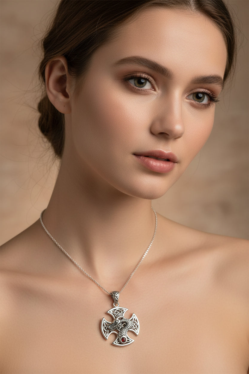 Celtic Cross Necklace, Dragon Pendant, Irish Jewelry, Men's Cross Jewelry, Anniversary Gift, Medieval Cross, Irish Cross, Celtic Jewelry