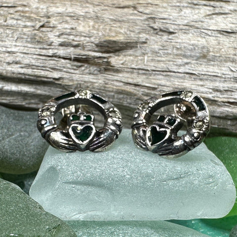 Load image into Gallery viewer, Claddagh Stud Earrings, Celtic Jewelry, Irish Jewelry, Celtic Knot Jewelry, Heart Jewelry, Anniversary Gift, Graduation Gift, Mom Gift
