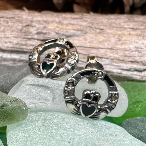 Load image into Gallery viewer, Claddagh Stud Earrings, Celtic Jewelry, Irish Jewelry, Celtic Knot Jewelry, Heart Jewelry, Anniversary Gift, Graduation Gift, Mom Gift
