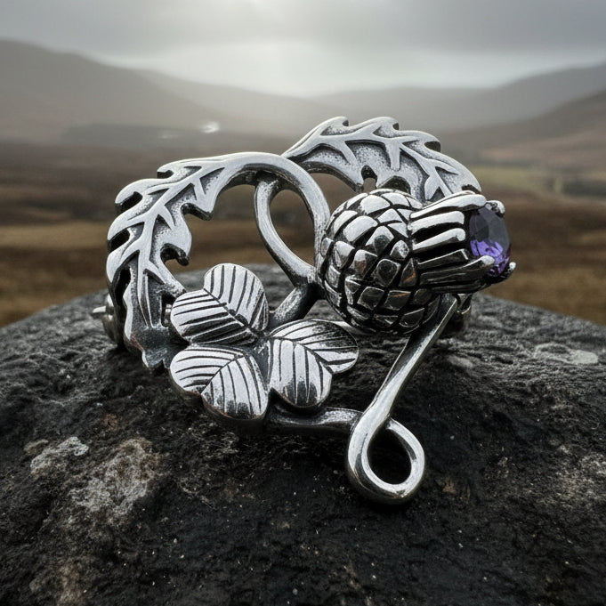 Thistle Brooch, Scotland Jewelry, Irish Shamrock Pin, Amethyst Brooch, Thistle Jewelry, Scottish Jewelry, Celtic Brooch, Ireland Brooch