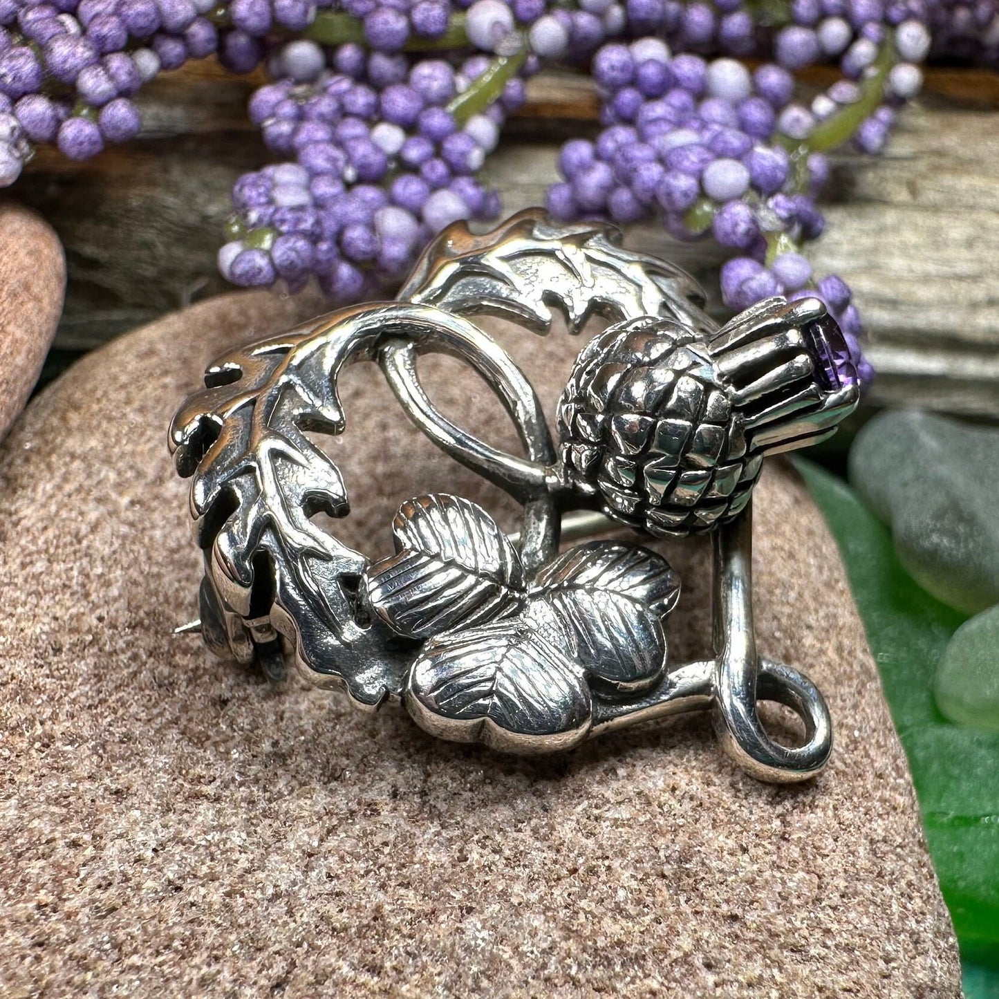 Thistle Brooch, Scotland Jewelry, Irish Shamrock Pin, Amethyst Brooch, Thistle Jewelry, Scottish Jewelry, Celtic Brooch, Ireland Brooch