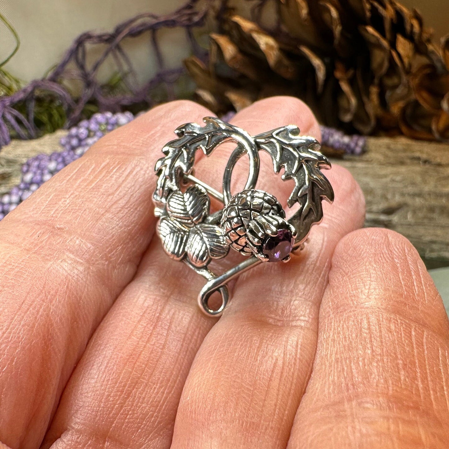 Thistle Brooch, Scotland Jewelry, Irish Shamrock Pin, Amethyst Brooch, Thistle Jewelry, Scottish Jewelry, Celtic Brooch, Ireland Brooch