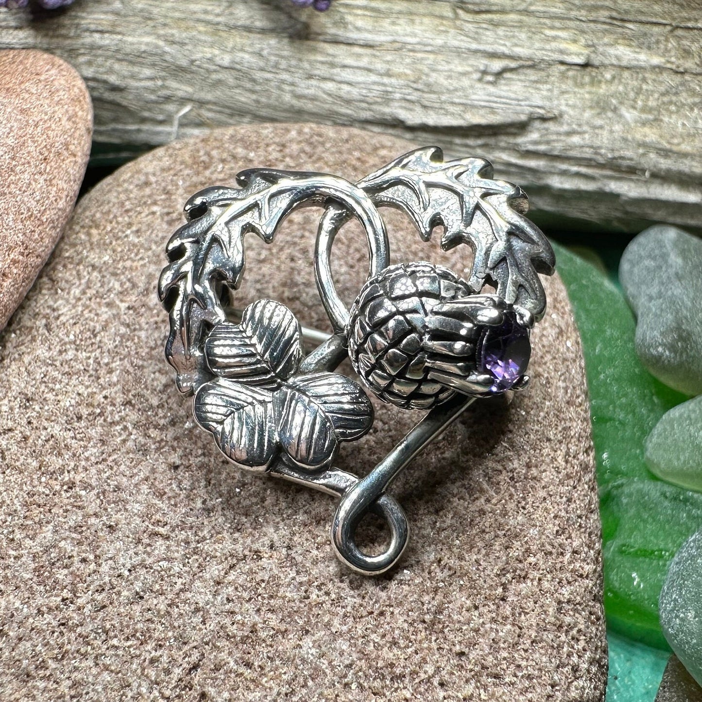 Thistle Brooch, Scotland Jewelry, Irish Shamrock Pin, Amethyst Brooch, Thistle Jewelry, Scottish Jewelry, Celtic Brooch, Ireland Brooch