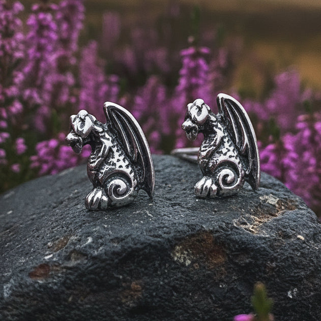 Dragon Earrings, Gargoyle Stud Earrings, Irish Jewelry, Gothic Jewelry, Wiccan Jewelry, Celtic Dragon Gift, Pagan Jewelry, Silver Jewerly