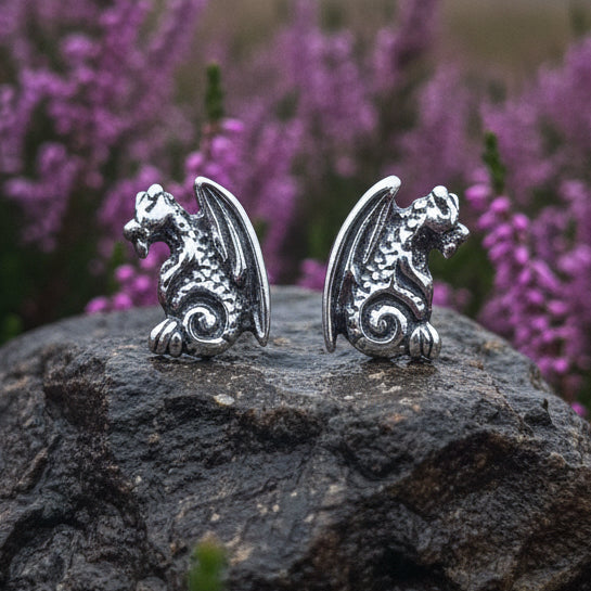 Dragon Earrings, Gargoyle Stud Earrings, Irish Jewelry, Gothic Jewelry, Wiccan Jewelry, Celtic Dragon Gift, Pagan Jewelry, Silver Jewerly