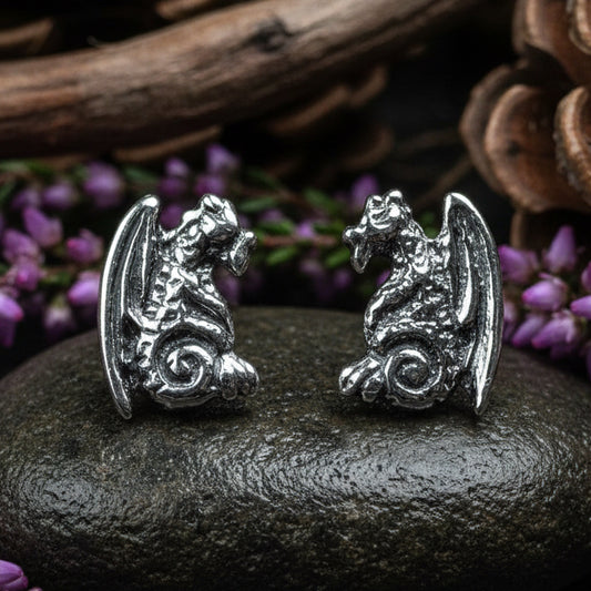 Dragon Earrings, Gargoyle Stud Earrings, Irish Jewelry, Gothic Jewelry, Wiccan Jewelry, Celtic Dragon Gift, Pagan Jewelry, Silver Jewerly