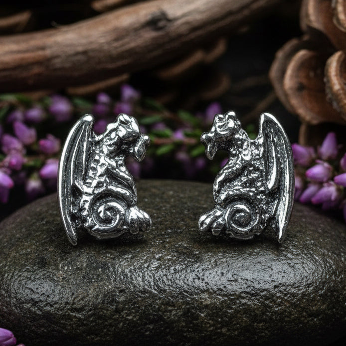 Dragon Earrings, Gargoyle Stud Earrings, Irish Jewelry, Gothic Jewelry, Wiccan Jewelry, Celtic Dragon Gift, Pagan Jewelry, Silver Jewerly