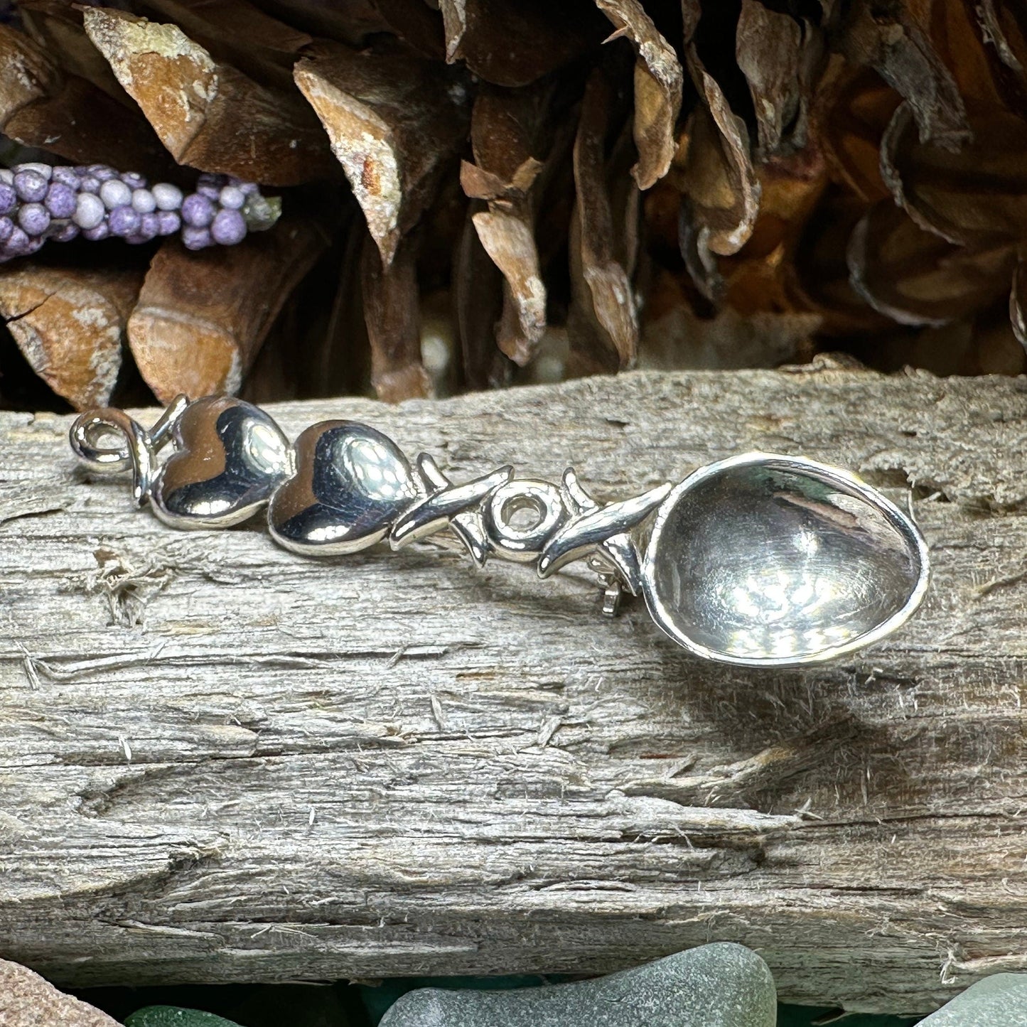 Love Spoon Brooch, Celtic Jewelry, Wales Jewelry, Welsh Pin, Bridal Jewelry, Anniversary Gift, Heart Jewelry, Silver Spoon Wife Gift