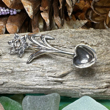 Load image into Gallery viewer, Daffodil Love Spoon Brooch, Celtic Pin, Wales Jewelry, Welsh Pin, Bridal Jewelry, Anniversary Gift, Heart Jewelry, Silver Spoon Wife Gift
