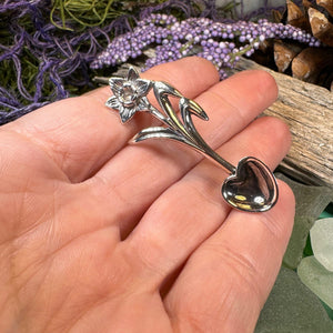 Daffodil Love Spoon Brooch, Celtic Pin, Wales Jewelry, Welsh Pin, Bridal Jewelry, Anniversary Gift, Heart Jewelry, Silver Spoon Wife Gift
