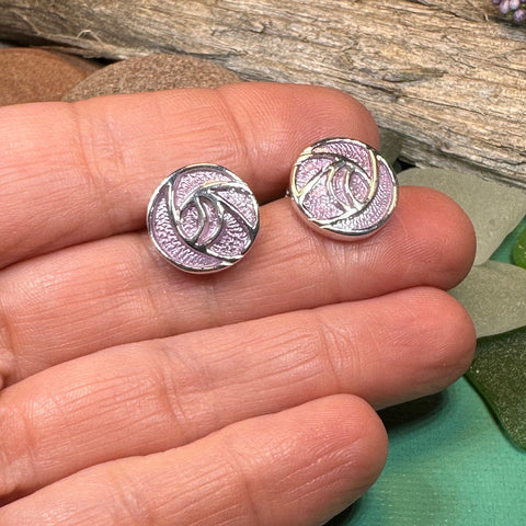 Load image into Gallery viewer, Rose Earrings, Scotland Jewelry, Mackintosh Post Earrings, Art Deco Jewelry, Anniversary Gift, Flower Earrings, Nature Jewelry, Pink Enamel

