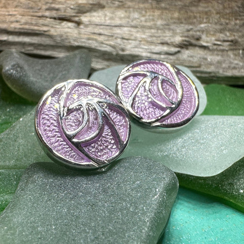 Load image into Gallery viewer, Rose Earrings, Scotland Jewelry, Mackintosh Post Earrings, Art Deco Jewelry, Anniversary Gift, Flower Earrings, Nature Jewelry, Pink Enamel
