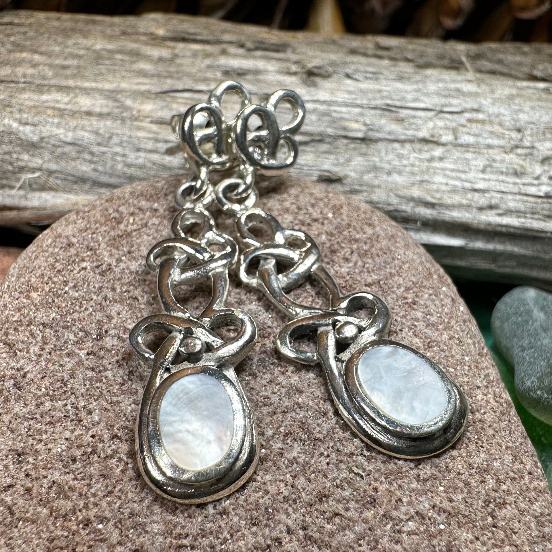 Celtic Knot Earrings, Silver Post Earrings, Irish Jewelry, Scottish Drop Earrings, Silver Ireland Gift, Mother of Pearl, Onyx Jewelry