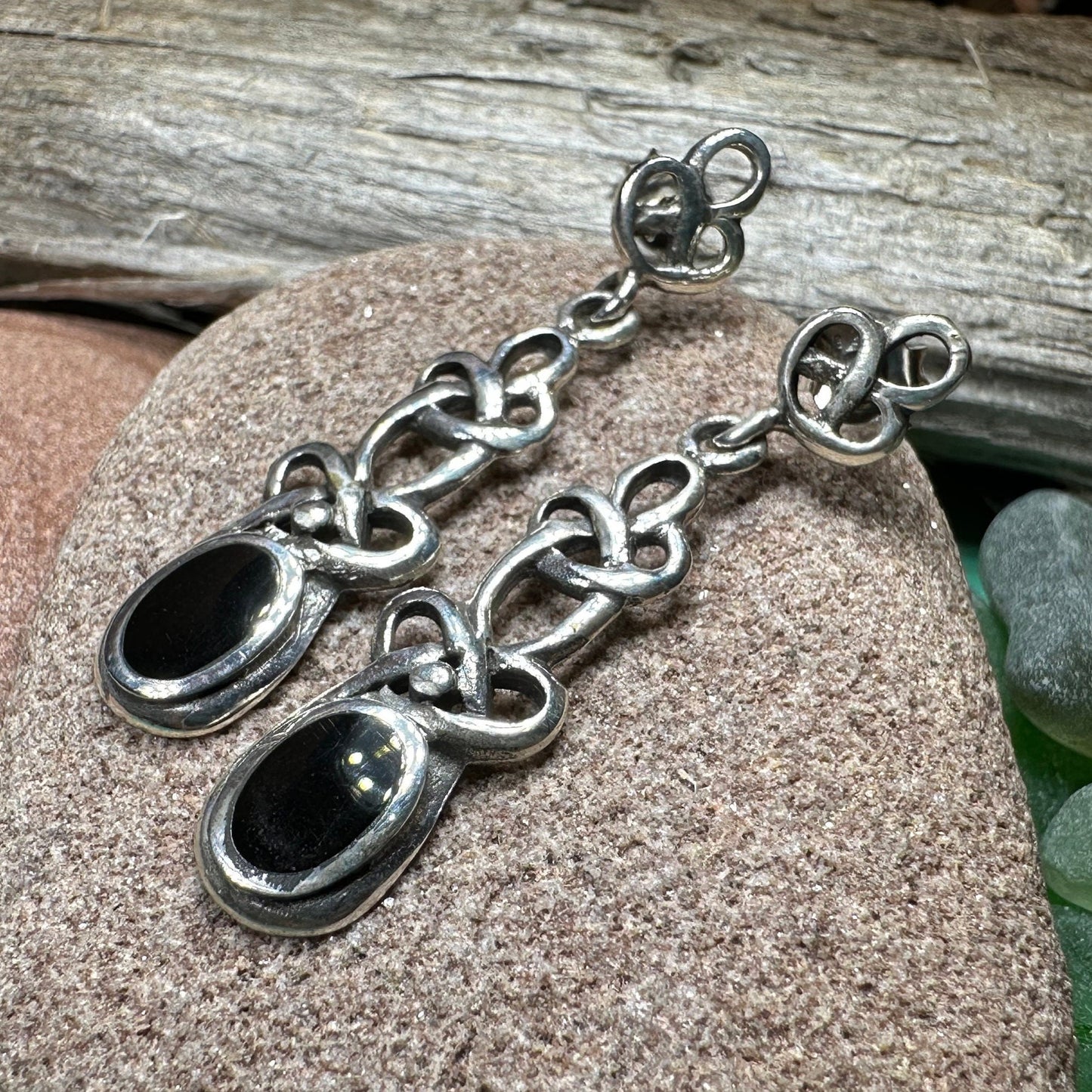 Celtic Knot Earrings, Silver Post Earrings, Irish Jewelry, Scottish Drop Earrings, Silver Ireland Gift, Mother of Pearl, Onyx Jewelry