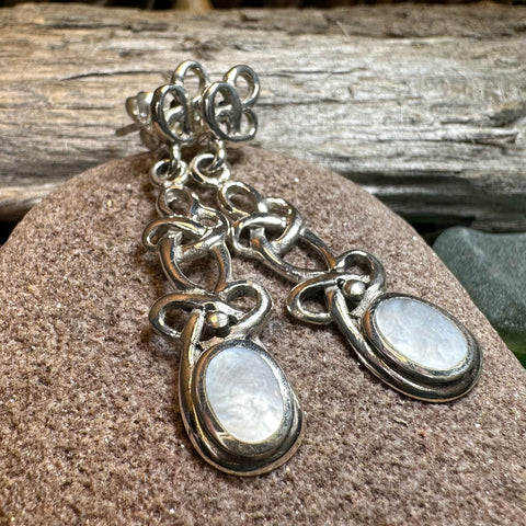 Load image into Gallery viewer, Celtic Knot Earrings, Silver Post Earrings, Irish Jewelry, Scottish Drop Earrings, Silver Ireland Gift, Mother of Pearl, Onyx Jewelry

