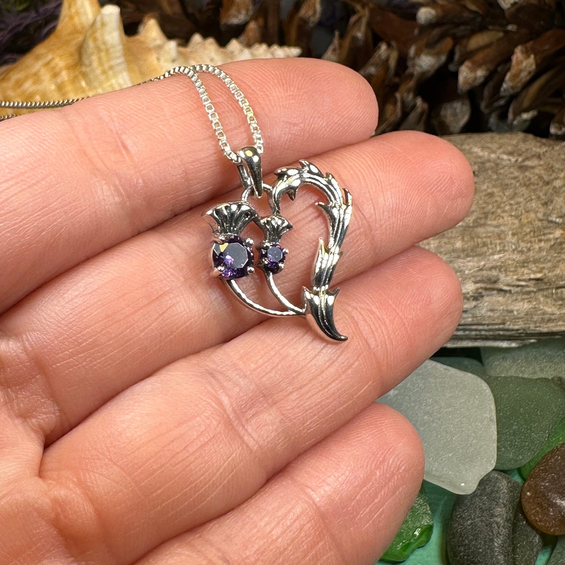 Amethyst Thistle Necklace, Thistle Jewelry, Scotland Jewelry, Celtic Necklace, Flower Necklace, Bridal Jewelry, Amethyst Pendant, Outlander