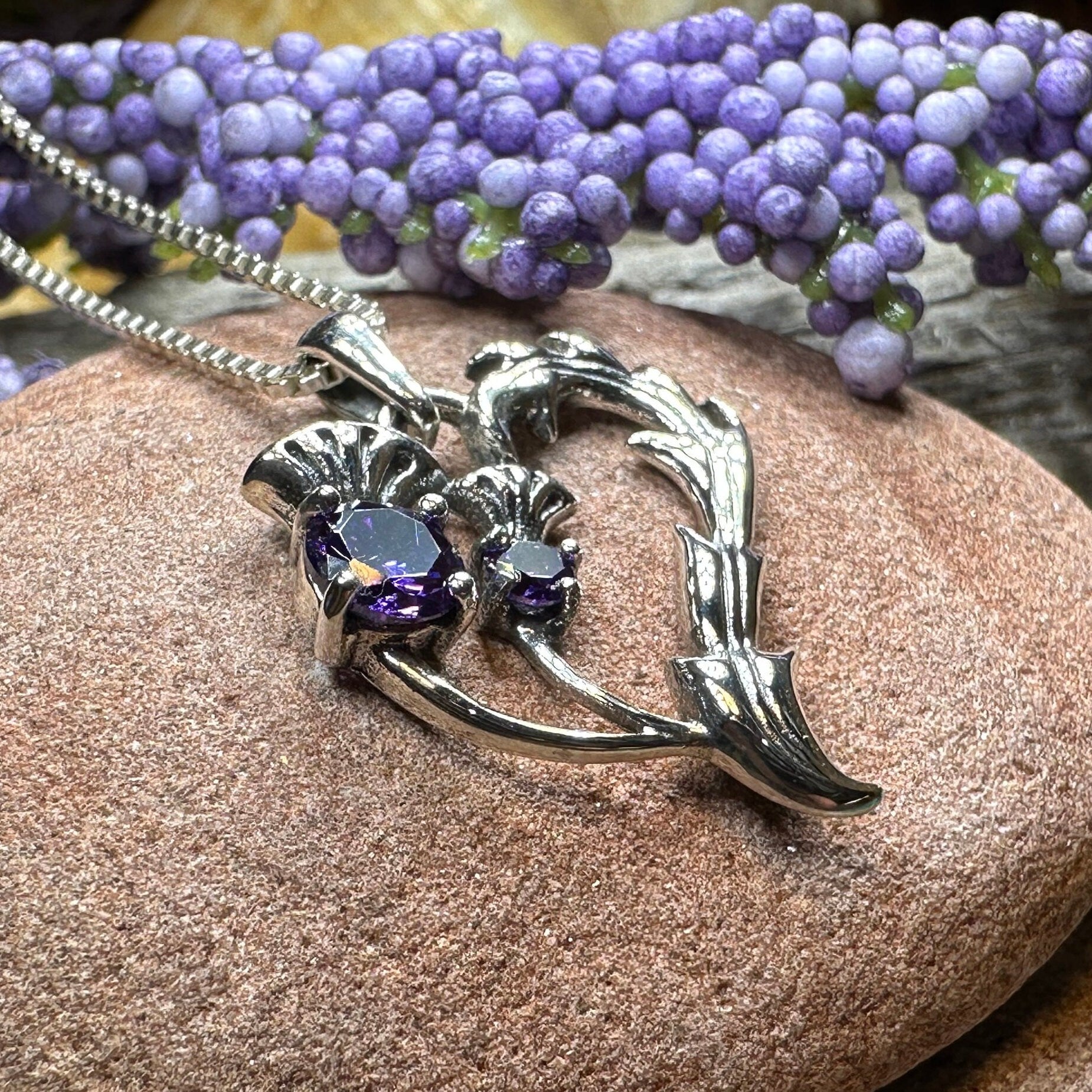 Amethyst Thistle Necklace, Thistle Jewelry, Scotland Jewelry, Celtic Necklace, Flower Necklace, Bridal Jewelry, Amethyst Pendant, Outlander