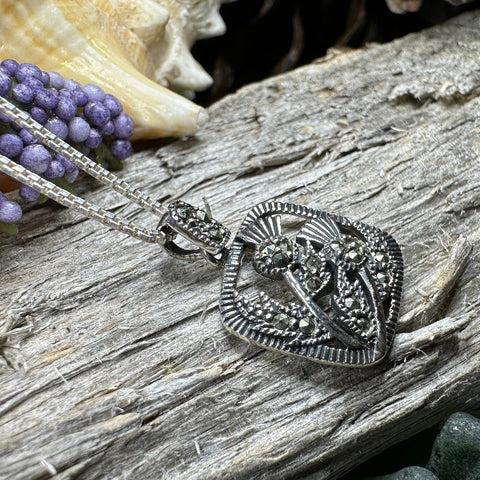 Load image into Gallery viewer, Thistle Necklace, Scotland Jewelry, Marcasite Pendant, Silver Scotland Jewelry, Mom Gift, Graduation Gift, Celtic Jewelry, Nature Necklace
