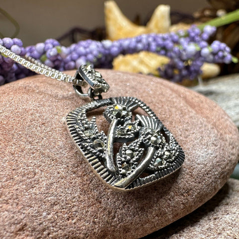 Load image into Gallery viewer, Thistle Necklace, Scotland Jewelry, Marcasite Pendant, Silver Scotland Jewelry, Mom Gift, Graduation Gift, Celtic Jewelry, Nature Necklace
