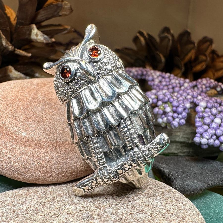 Owl Necklace, Owl Brooch, Bird Necklace, Garnet Jewelry, Wiccan Jewelry, Woodland Brooch, Wife Gift, Mom Gift, Silver Owl Pin, Large Pendant