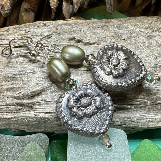 Victorian Pearl Earrings, Crystal Jewelry, Heart Long Earrings, Beaded Drop Earrings, Mom Gift, Sister Gift, Friendship Gift, Nature Jewelry