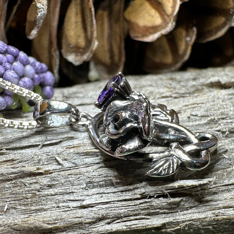 Load image into Gallery viewer, Thistle Necklace, Rose Pendant, Amethyst Scottish Jewelry, Celtic Necklace, Flower Necklace, Bridal Jewelry, Scotland Pendant, Outlander
