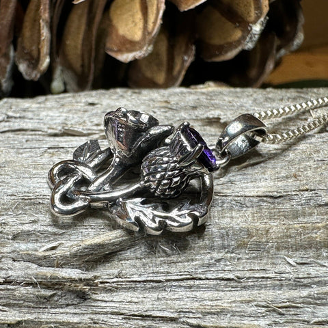 Load image into Gallery viewer, Thistle Necklace, Rose Pendant, Amethyst Scottish Jewelry, Celtic Necklace, Flower Necklace, Bridal Jewelry, Scotland Pendant, Outlander

