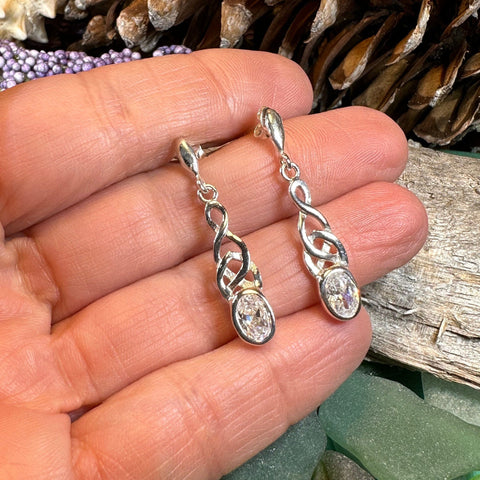Load image into Gallery viewer, Celtic Knot Earrings, Silver Post Earrings, Irish Jewelry, Scottish Drop Earrings, Silver Ireland Gift, Scotland Gift, Diamond Earrings
